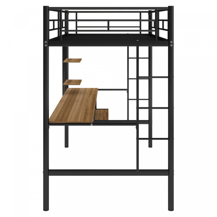 Andy Twin Loft Space-saving Metal Bed With Desk And Led Light, Black
