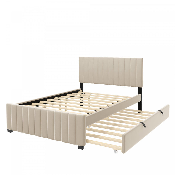 Ethan Space-Saving Velvet Upholstered Platform Bed with Trundle,Full Size,Beige Full Bed