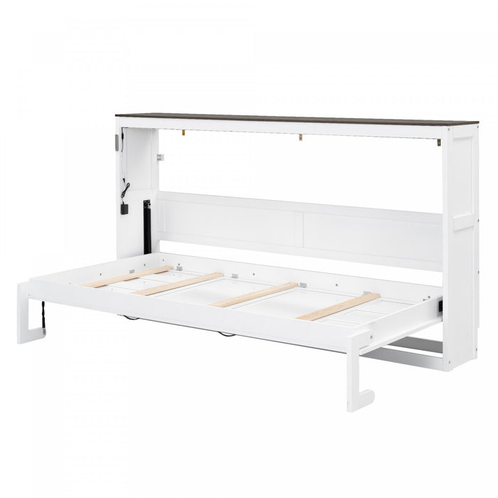 Olivia Solid Wood Murphy Bed with LED Light and Foldable Cabinet,Twin Size,White Twin Bed