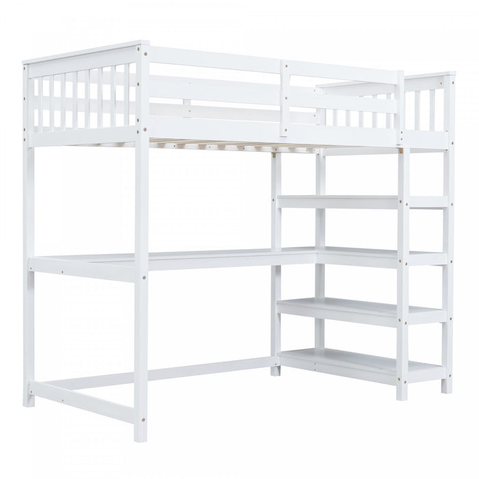Victoria Twin Loft Solid Wood Bed With Desk, Storage Shelves, Led Light, White