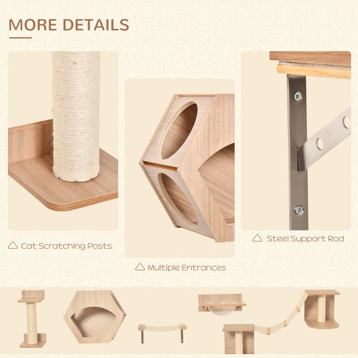 Pawhut Cat Tree 5pcs Pet Wall-mounted Climbing Frame Shelf Set Kitten Perch Activity Center With Hammock, Scratching Post, Jumping Platform, Condo Light Brown