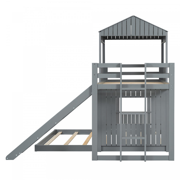 Marico Twin Over Solid Wood Full Bunk Bed With Slide, Playhouse Design, Grey