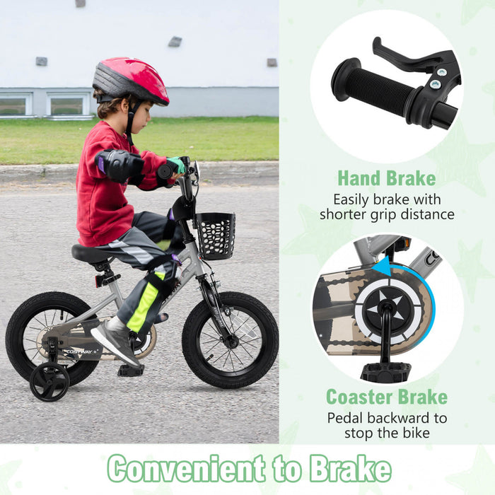 Costway 12\" Kid's Bike With Training Wheels Adjustable Handlebar & Seat Handbrake Silver