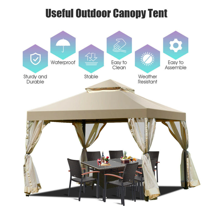 Costway 2-tier 10'x10' Gazebo Canopy Shelter Awning Tent Patio Garden Screw-free Structure Brown