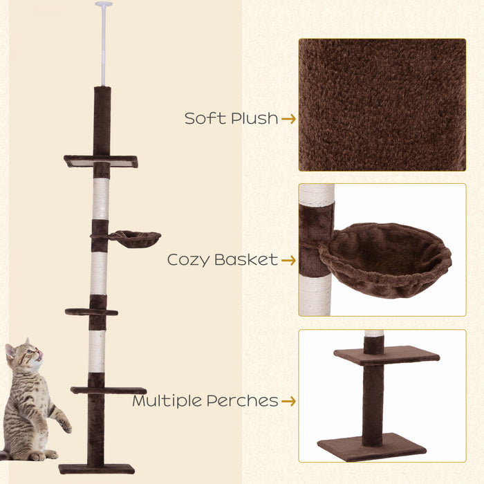 Pawhut 8.5ft Cat Climbing Tree 5-tier Kitty Activity Center Floor-to-ceiling Cat Climber Toy With Scratching Post Play Rest Post Pet Furniture Brown