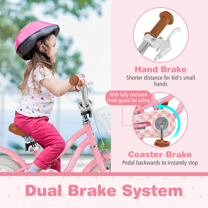 Costway 14\" Kid's Bike With Removable Training Wheels & Basket For 3-5 Years Old Pink