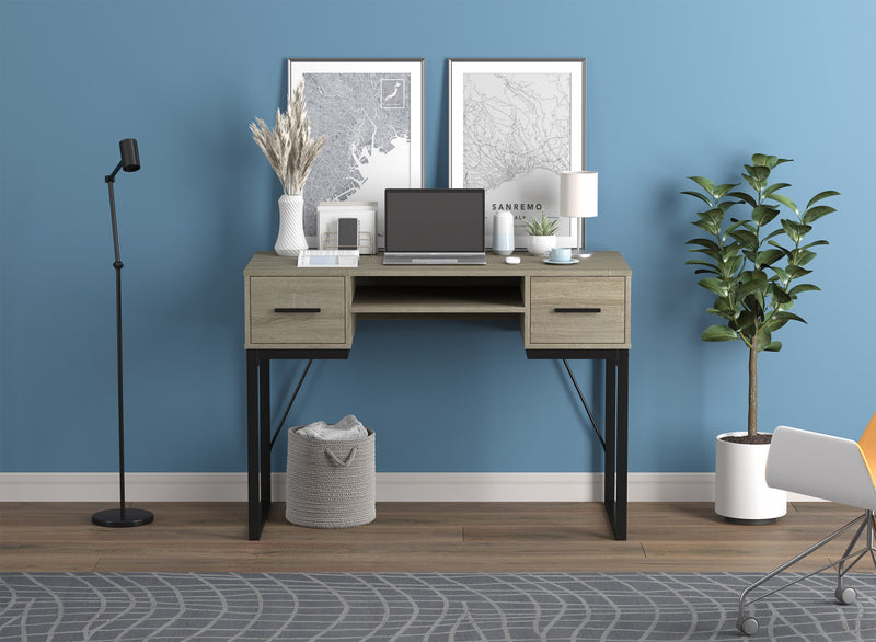 Computer Desk Study Desk For Home Office, Gaming Room 42.5l Dark Taupe 2 Drawers 1 Shelf Black Metal Base