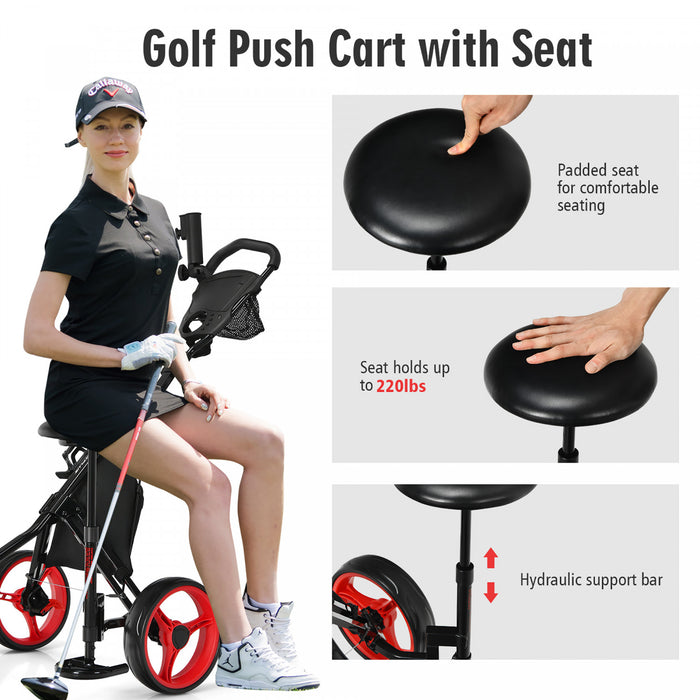 Goplus Folding 3 Wheels Golf Push Cart W/seat Scoreboard Adjustable Handle Red
