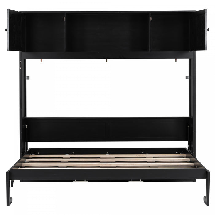 Ethan Solid Wood Murphy Bed with Storage Cabinets,Full Size,Black Full Bed