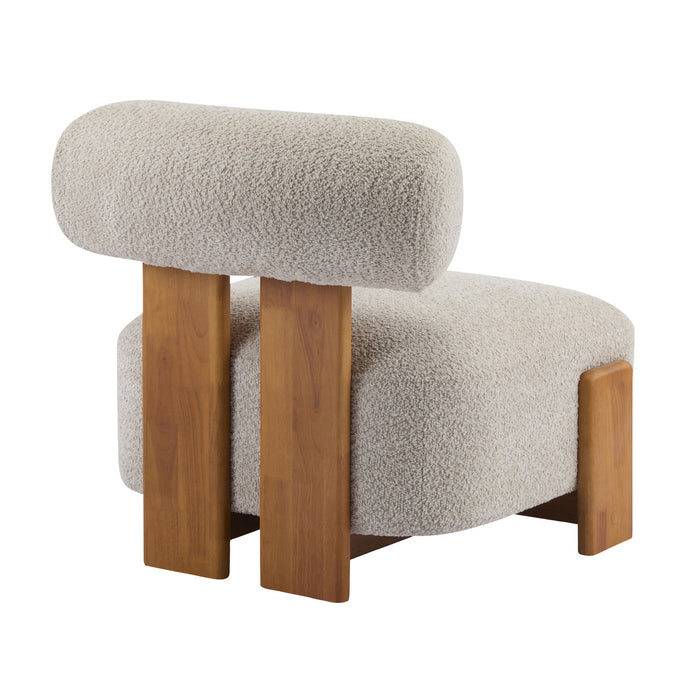Luma Modern Boucle Lounge Chair with Rolled Backrest and Solid Wood Frame, Almond, Natural