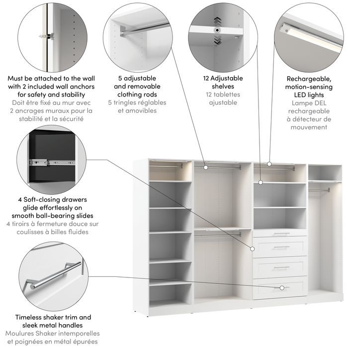 Bestar Florence 121\" Modular Walk-In Closet System with LED Lights, Rods, Shelves and Drawers Shaker Style - White