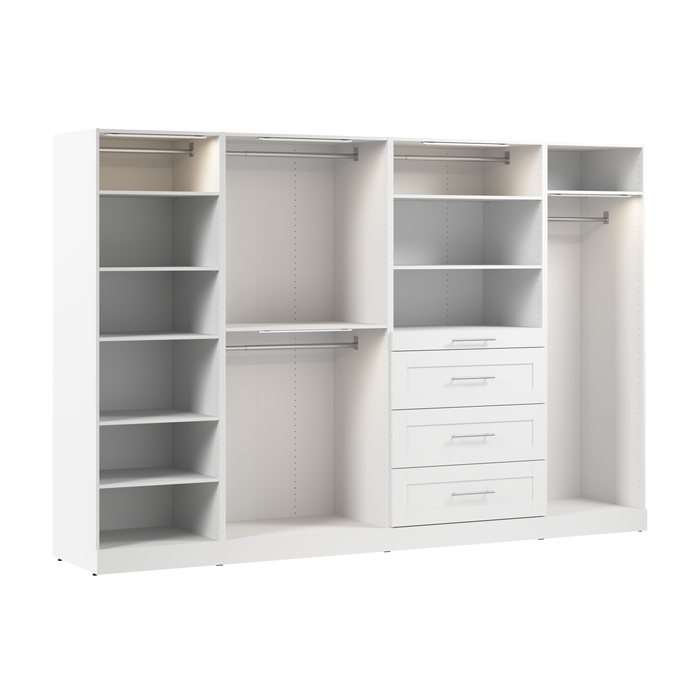 Bestar Florence 121\" Modular Walk-In Closet System with LED Lights, Rods, Shelves and Drawers Shaker Style - White