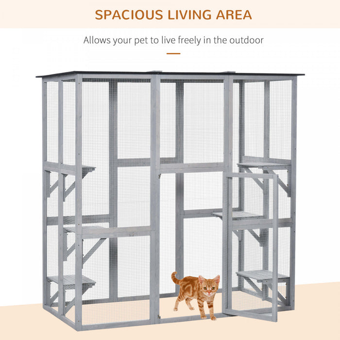 Pawhut Large Outdoor Catio Enclosure, Weatherproof Cat House With Asphalt Roof, Wooden Cat Patio Cage With 6 Balanced Platforms, 71\" X 39\" X 71\", Grey