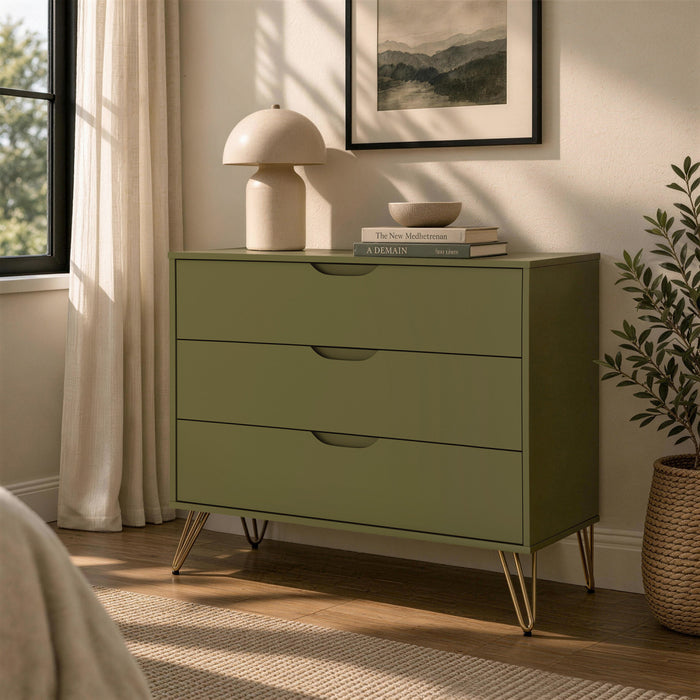 Avira Mid-Century Modern 35\" Dresser in Olive Green (3-Drawer)
