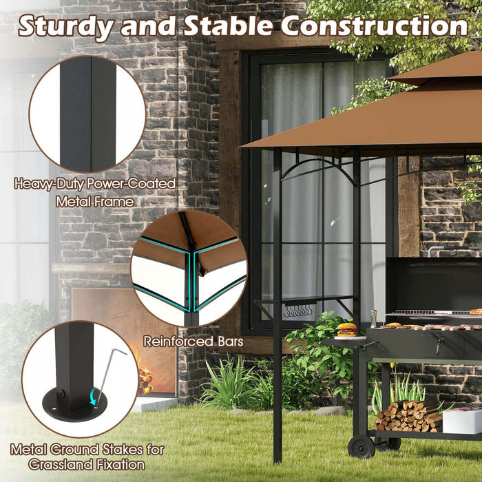 Costway 8' X 5' Grill Gazebo With 2 Shelves 7 Hooks Metal Frame Soft Top Brown