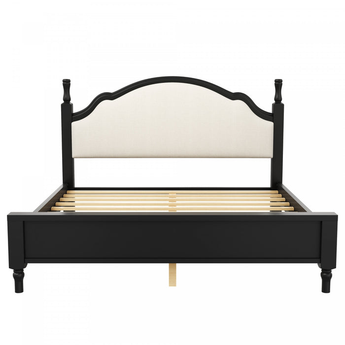 Miles Queen Size Wood Platform Bed with Curved Upholstered Headboard, Black
