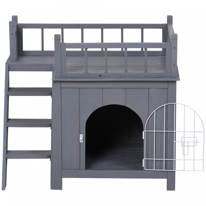 Pawhut 2-story Pet House For Cats Miniature Sized Dogs, Wooden Kitten Shelter With Enclosure, Balcony, Lockable Gate, Stairs, Grey