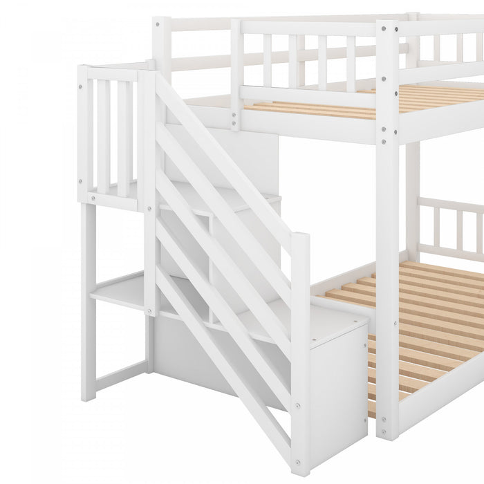 Joanna Twin Floor Solid Wood Bunk Bed With Storage Ladder, Low Height Design, White
