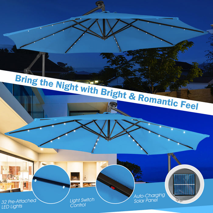 Costway 10FT Cantilever Solar Powered 32LED Lighted Patio Offset Umbrella Outdoor Blue