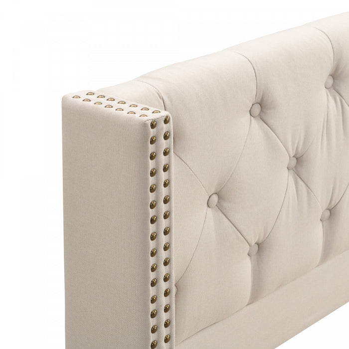 Haley Linen Upholstered Platform Bed with Classic Wingback Headboard and Diamond Tufted Upholstery,Queen Size,Beige Queen Bed