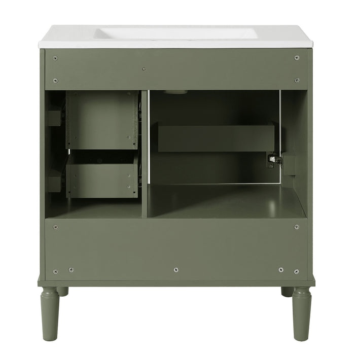 Emerson 30 Inch Bathroom Vanity with Ceramic Sink and Three Drawers, Olive Green