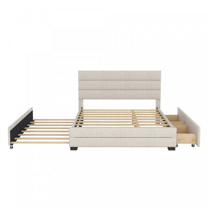 Sophie Linen-look Fabric Upholstered Platform Bed With Trundle And Storage Drawers, Queen Size, Beige