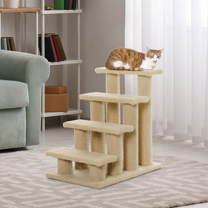 Pawhut 4-step Multi-level Carpeted Cat Scratching Post Pet Stairs, Light Brown