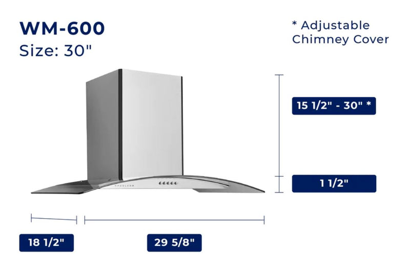 Hauslane 30\" Glass Canopy Wall Mount Range Hood - WM-600SS-30