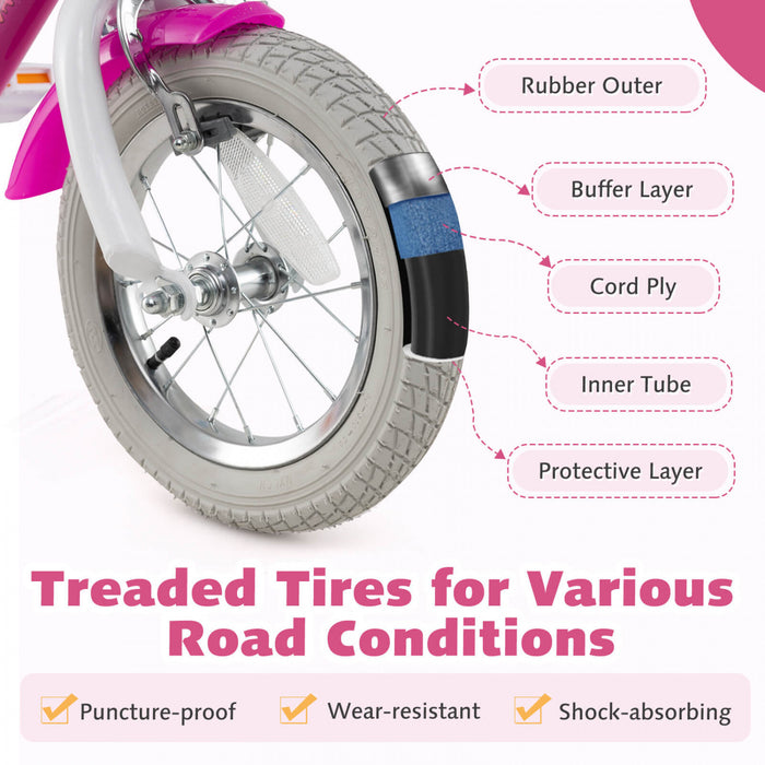 Costway 12 Inch Kids Bike With Training Wheels Doll Seat Basket Streamers Hand Brake Pink