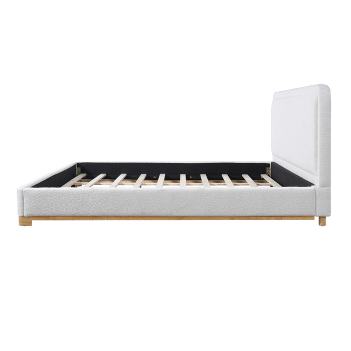 Ethan Low Profile Platform Bed Boucle with Upholstered Curved Headboard,King Size,White King Bed