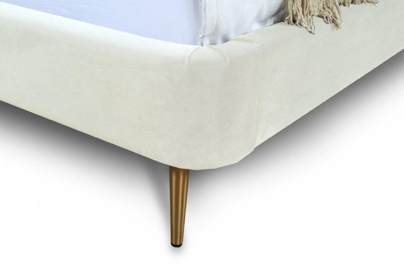 Heather Mid-Century Modern Velvet Upholstered Queen Bed in Cream and Gold