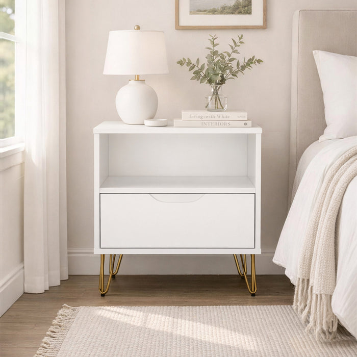Avira Mid-Century Modern 20\" Nightstand in White (1-Drawer)