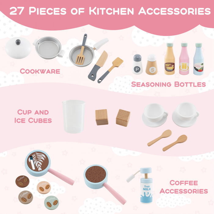 Honeyjoy Kids Kitchen Set Wooden Kitchen Playset With Clock, Microwave, Sink, Dish Rack Pink