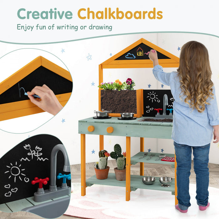 Costway Kids Kitchen Playset Outdoor Mud Kitchen With Root Viewer Planter Removable Sink