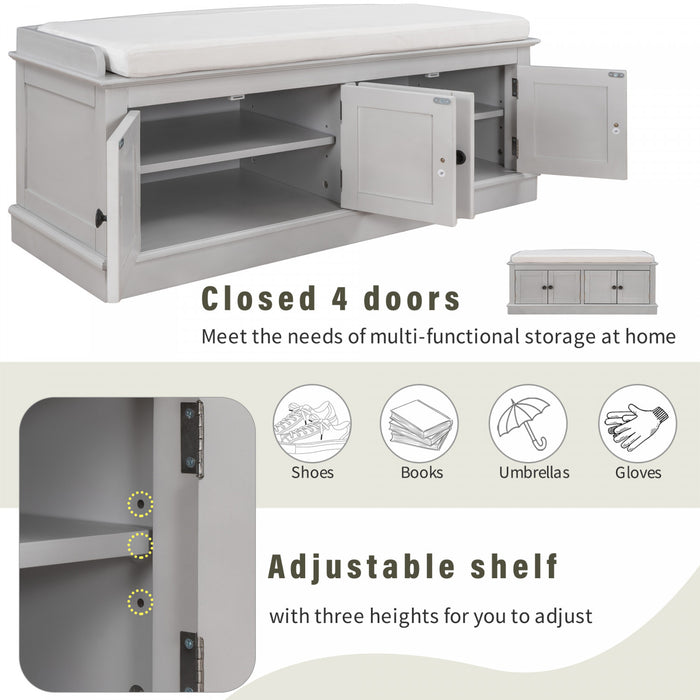 Daniel Solid Wood Storage Bench With 4-door Shoe Cabinet With Adjustable Shelves - Grey Wash