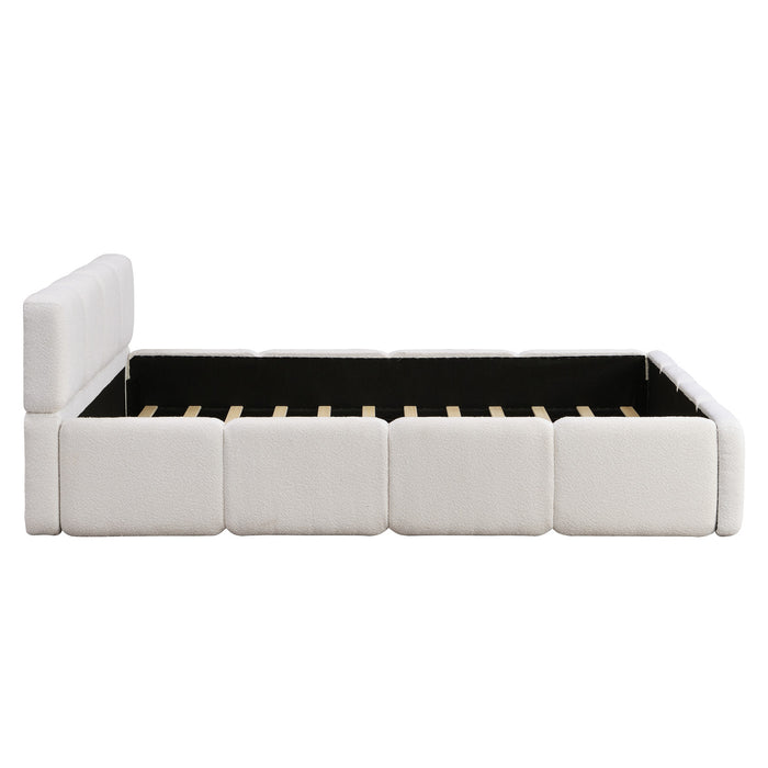 Aiden Platform Bed with Supportive Upholstered Frame in Boucle Fabric,Queen Size,White Queen Bed