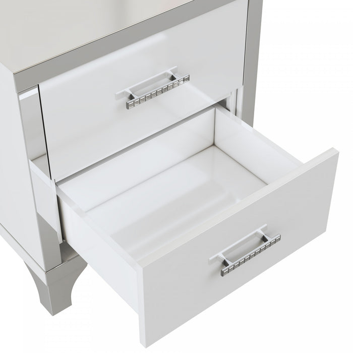 Sophia High Gloss Nightstand with 2 Drawers and Metal Handles,White