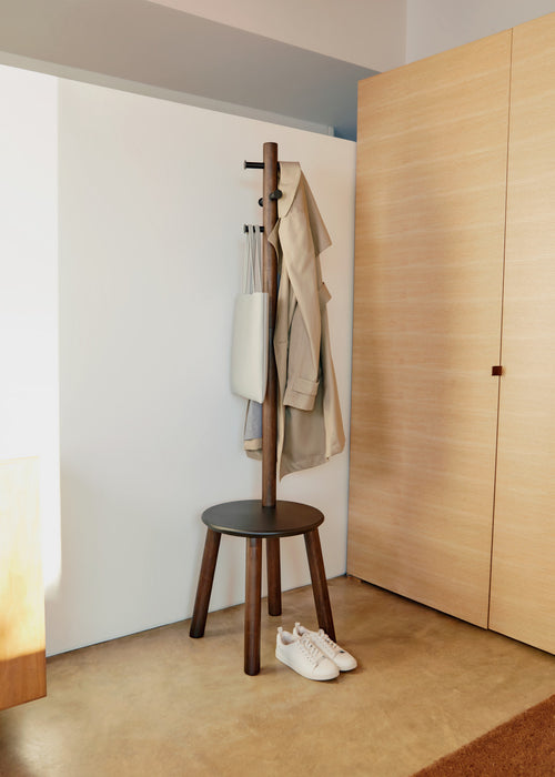 Umbra Modern Wood Pillar Stool and Coat Rack - Black and Walnut