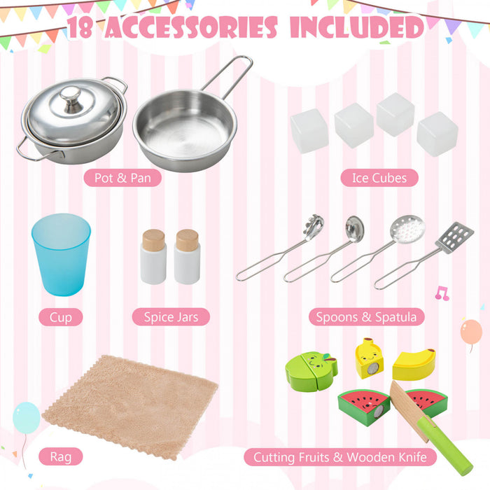 Costway Kids Kitchen Playset Wooden Pretend Play Chef Toy With Microwave & Accessories Pink