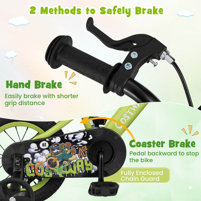 Costway 12\" Kid's Bike For 3-4 With Height-adjustable Handlebar & Saddle Handbrake Green
