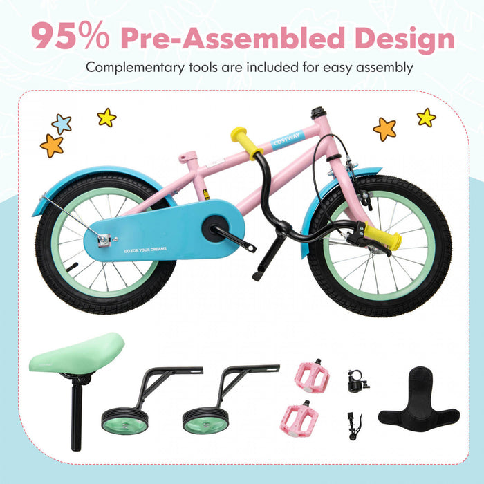 Costway 14\" Kids Bike With Adjustable Saddle Handlebar Removable Training Wheels Handbrake Pink
