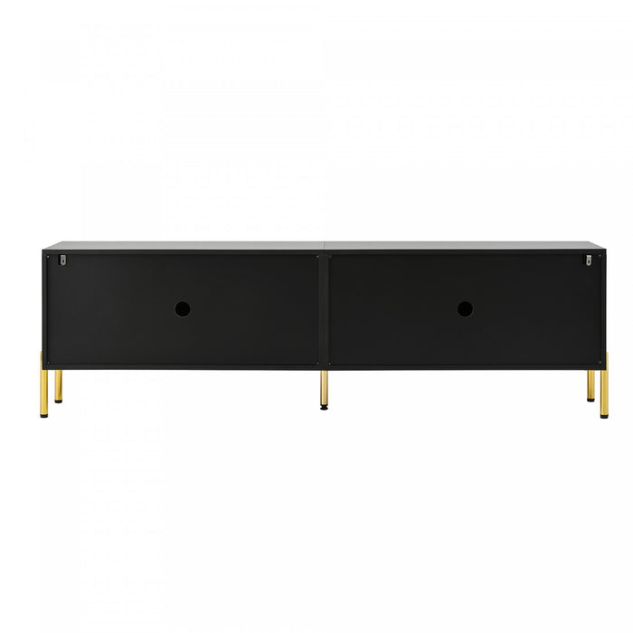 Arcadia 70.5 Inch Modern TV Cabinet with Textured Doors and Gold Legs, Black/Wood