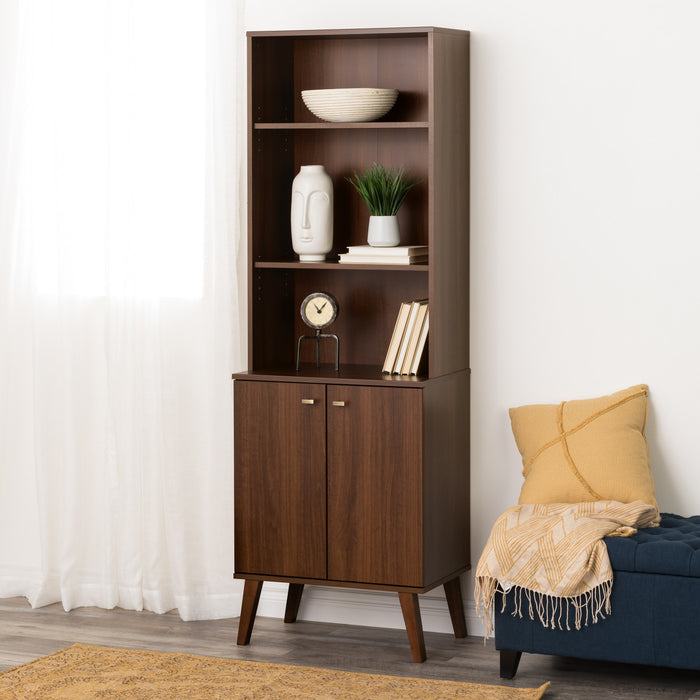 Milo Mid-Century Modern Tall Bookcase with Adjustable Shelves, 2 Doors & Brushed Brass-Finished Knobs - Cherry