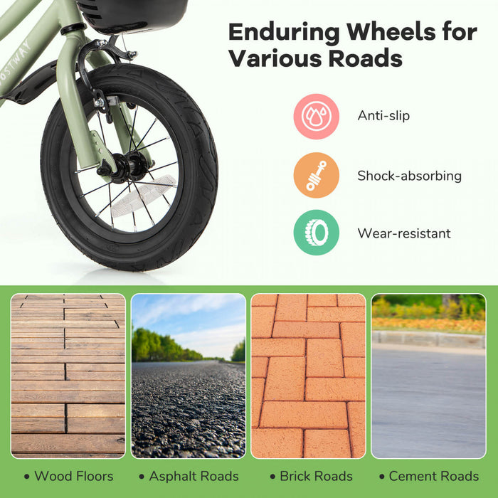 Costway 12\" Kid's Bike With Training Wheels Adjustable Handlebar & Seat Handbrake Green