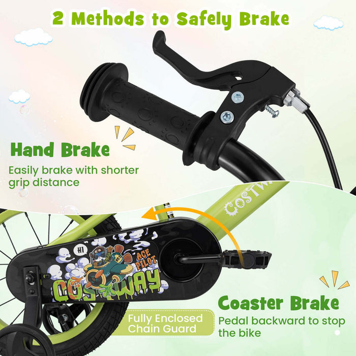 Costway 14\" Kid's Bike For 3-5 With Height-adjustable Handlebar & Saddle Handbrake Green
