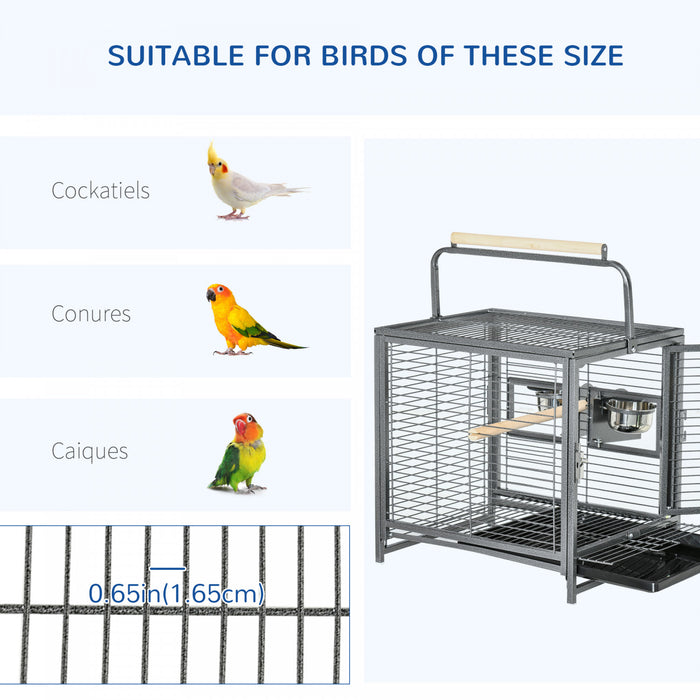 Pawhut Bird Travel Carrier Cage For Parrots Conures African Grey Cockatiel Parakeets With Stand Perch, Stainless Steel Bowls, Pull Out Tray, Black