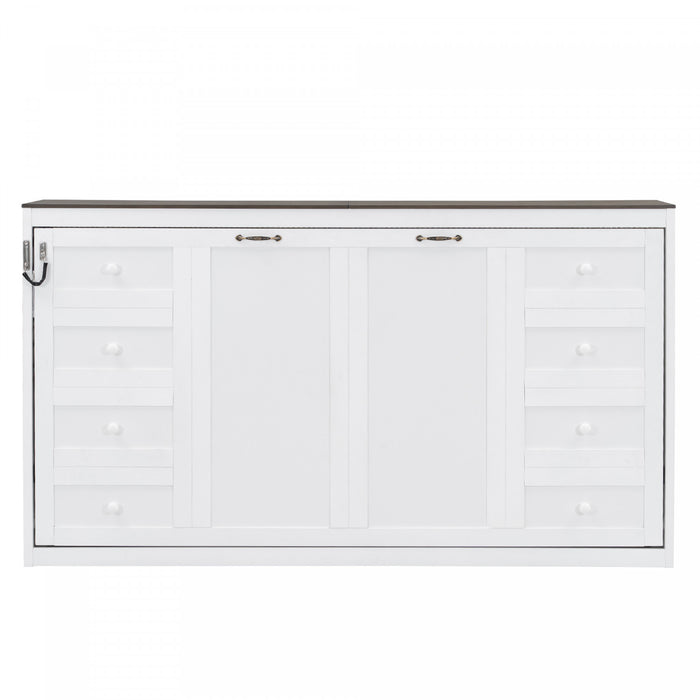 Olivia Solid Wood Murphy Bed with LED Light and Foldable Cabinet,Twin Size,White Twin Bed