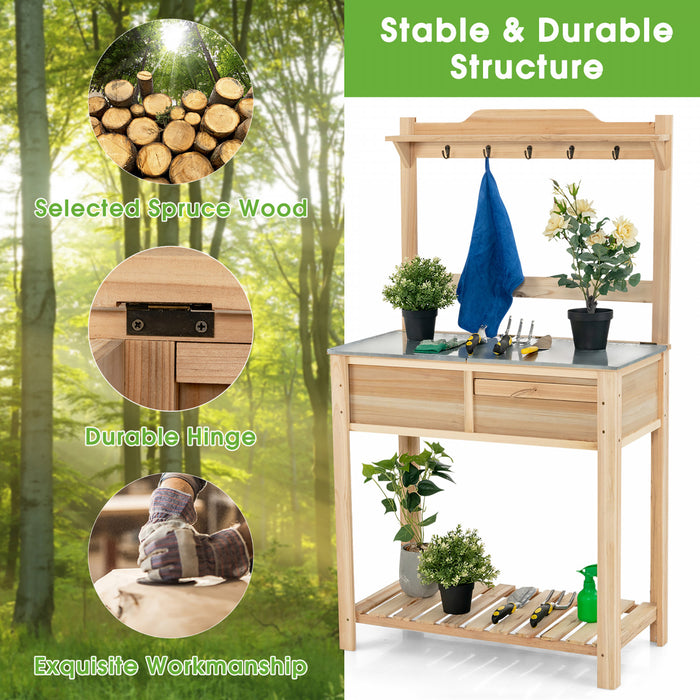 Costway Outdoor Garden Potting Bench Table Wooden Work Station W/metal Top Open Shelf