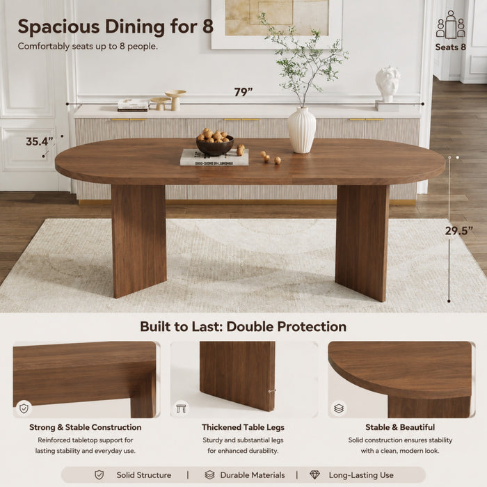 Ovalux 79 Inch Modern Oval Dining Table with Dual Pedestal Base and Wood Finish, Walnut