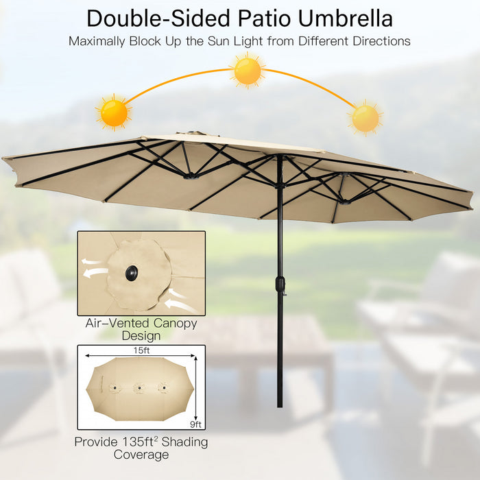 Costway 15FT Double-Sided Twin Patio Umbrella Outdoor Market W/ Crank & Base Beige